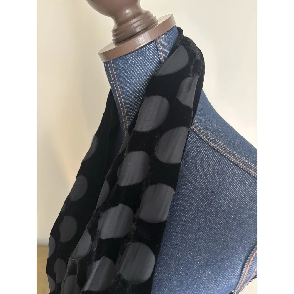 Sheer Black Velvet Circle Dots Skinny Scarf Silk and Rayon Etched Neck